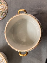 A pair of Chinese Canton famille rose armorial tureens, inner bowls and covers with the arms of Clerke, 19th C.