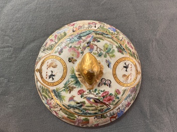A pair of Chinese Canton famille rose armorial tureens, inner bowls and covers with the arms of Clerke, 19th C.