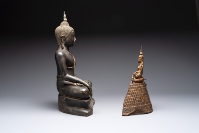 A Thai bronze Buddha in bhumisparsha mudra and a gilt-and-red-lacquered bronze Buddha on a high pedestal with devotees, 18/19th C.