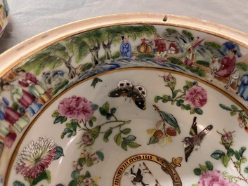 A pair of Chinese Canton famille rose armorial tureens, inner bowls and covers with the arms of Clerke, 19th C.