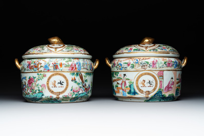 A pair of Chinese Canton famille rose armorial tureens, inner bowls and covers with the arms of Clerke, 19th C.