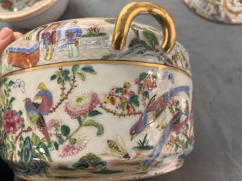 A pair of Chinese Canton famille rose armorial tureens, inner bowls and covers with the arms of Clerke, 19th C.