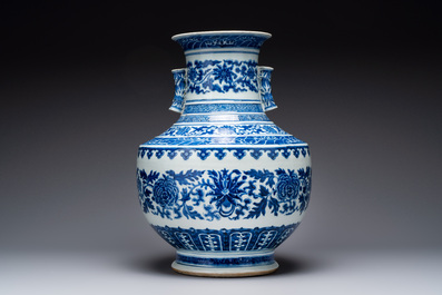 A large Chinese blue and white 'lotus and peony scroll' 'hu' vase, 19th C.