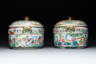 A pair of Chinese Canton famille rose armorial tureens, inner bowls and covers with the arms of Clerke, 19th C.