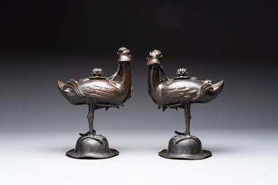 A pair of Chinese bronze duck-form censers, 17/18th C.
