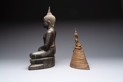 A Thai bronze Buddha in bhumisparsha mudra and a gilt-and-red-lacquered bronze Buddha on a high pedestal with devotees, 18/19th C.