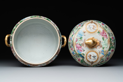 A pair of Chinese Canton famille rose armorial tureens, inner bowls and covers with the arms of Clerke, 19th C.