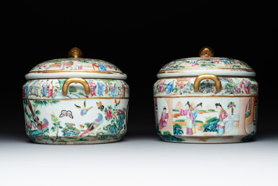 A pair of Chinese Canton famille rose armorial tureens, inner bowls and covers with the arms of Clerke, 19th C.