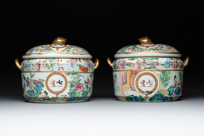 A pair of Chinese Canton famille rose armorial tureens, inner bowls and covers with the arms of Clerke, 19th C.