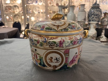 A pair of Chinese Canton famille rose armorial tureens, inner bowls and covers with the arms of Clerke, 19th C.