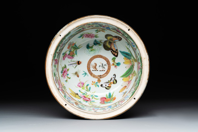 A pair of Chinese Canton famille rose armorial tureens, inner bowls and covers with the arms of Clerke, 19th C.