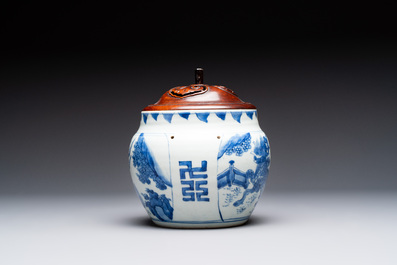 A Chinese blue and white 'qilin' jar and wooden cover, Transitional period
