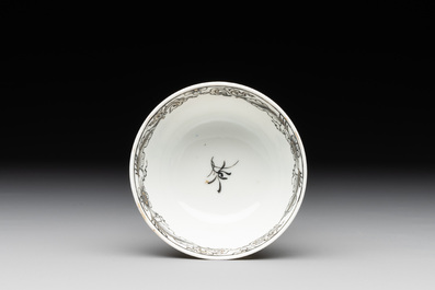 A Chinese grisaille and gilt-decorated 'European subject' cup and saucer, Qianlong