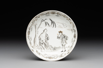 A Chinese grisaille and gilt-decorated 'European subject' cup and saucer, Qianlong