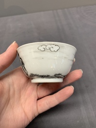 A Chinese grisaille and gilt-decorated 'European subject' cup and saucer, Qianlong
