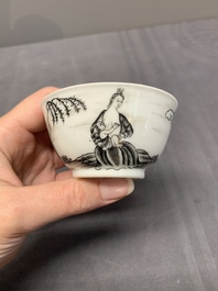 A Chinese grisaille and gilt-decorated 'European subject' cup and saucer, Qianlong