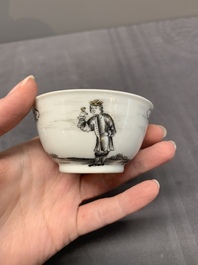 A Chinese grisaille and gilt-decorated 'European subject' cup and saucer, Qianlong