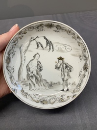 A Chinese grisaille and gilt-decorated 'European subject' cup and saucer, Qianlong