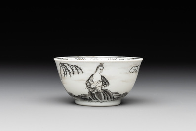 A Chinese grisaille and gilt-decorated 'European subject' cup and saucer, Qianlong