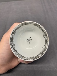 A Chinese grisaille and gilt-decorated 'European subject' cup and saucer, Qianlong