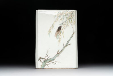 A Chinese famille rose square brush pot and a four-fold table screen with qianjiang cai plaques, Republic, dated 1947