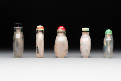 Five Chinese inside-painted glass snuff bottles, signed Ma Shaoxuan 馬少宣, Pu Ru 溥儒 and Ye Zhongsan 葉仲三, 20th C., one dated 1962