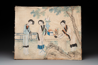 Chinese school: 'Five works with birds, flowers and figures', ink and colour on paper and silk, signed Shi Hou 史候, 19/20th C.