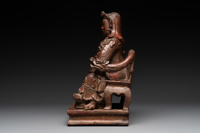A diverse group of six Chinese lacquered wood and wooden sculptures, 19/20th C.