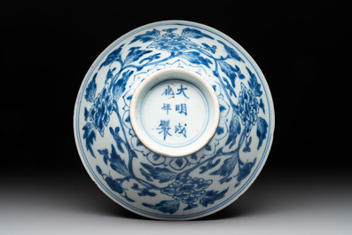 A Chinese blue and white 'peony scroll' bowl, Chenghua mark, Shunzhi/Kangxi