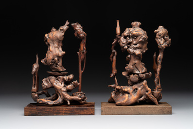 A diverse group of six Chinese lacquered wood and wooden sculptures, 19/20th C.