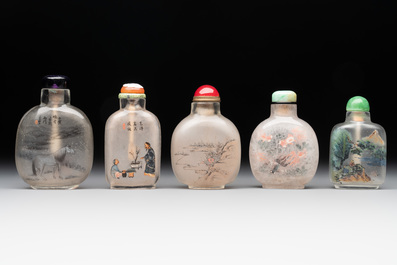 Five Chinese inside-painted glass snuff bottles, signed Ma Shaoxuan 馬少宣, Pu Ru 溥儒 and Ye Zhongsan 葉仲三, 20th C., one dated 1962