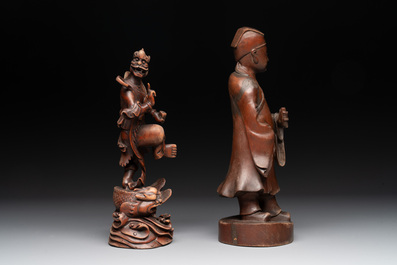 A diverse group of six Chinese lacquered wood and wooden sculptures, 19/20th C.