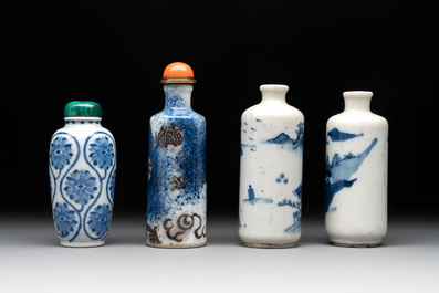 Four Chinese blue, white and copper-red snuff bottles, Yongzheng mark, 19th C.