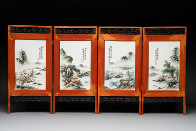 A Chinese famille rose square brush pot and a four-fold table screen with qianjiang cai plaques, Republic, dated 1947