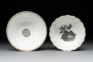 Two Chinese gilt-decorated grisaille 'European subject' cups and saucers, Qianlong