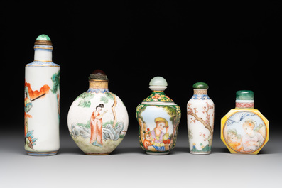 A collection of ten Chinese Canton enamel and porcelain snuff bottles, Qianlong mark, 19/20th C.