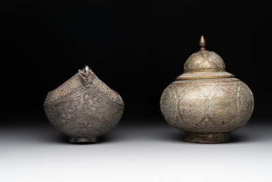 A tinned copper 'kashkul' or begging bowl, a calligraphic bowl and a brass covered jar, Iran, 18/19th C.