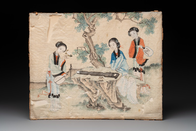 Chinese school: 'Five works with birds, flowers and figures', ink and colour on paper and silk, signed Shi Hou 史候, 19/20th C.