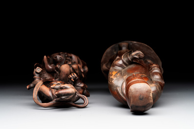 A diverse group of six Chinese lacquered wood and wooden sculptures, 19/20th C.