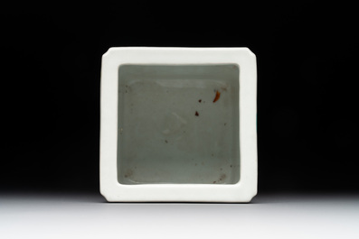 A Chinese famille rose square brush pot and a four-fold table screen with qianjiang cai plaques, Republic, dated 1947