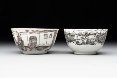 Two Chinese gilt-decorated grisaille 'European subject' cups and saucers, Qianlong