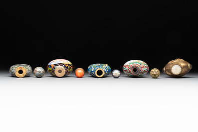 A collection of ten Chinese Canton enamel and porcelain snuff bottles, Qianlong mark, 19/20th C.