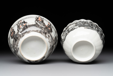 Two Chinese gilt-decorated grisaille 'European subject' cups and saucers, Qianlong