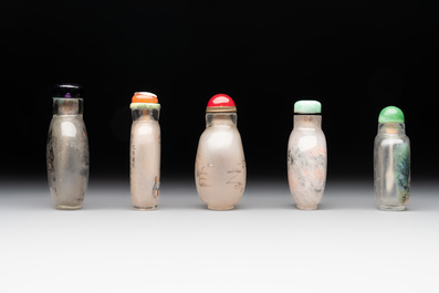 Five Chinese inside-painted glass snuff bottles, signed Ma Shaoxuan 馬少宣, Pu Ru 溥儒 and Ye Zhongsan 葉仲三, 20th C., one dated 1962