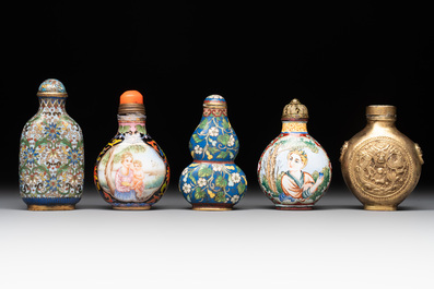 A collection of ten Chinese Canton enamel and porcelain snuff bottles, Qianlong mark, 19/20th C.