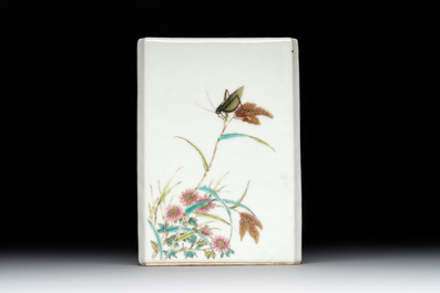 A Chinese famille rose square brush pot and a four-fold table screen with qianjiang cai plaques, Republic, dated 1947