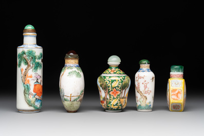 A collection of ten Chinese Canton enamel and porcelain snuff bottles, Qianlong mark, 19/20th C.