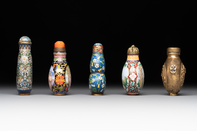 A collection of ten Chinese Canton enamel and porcelain snuff bottles, Qianlong mark, 19/20th C.