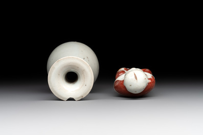 Two Chinese Dehua blanc de Chine Buddha and Wenchang figures, a seal paste covered box, a vase and an iron-red-glazed boy, Qianlong mark, 19/20th C.