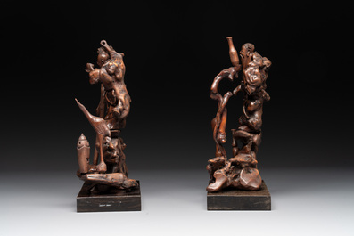 A diverse group of six Chinese lacquered wood and wooden sculptures, 19/20th C.